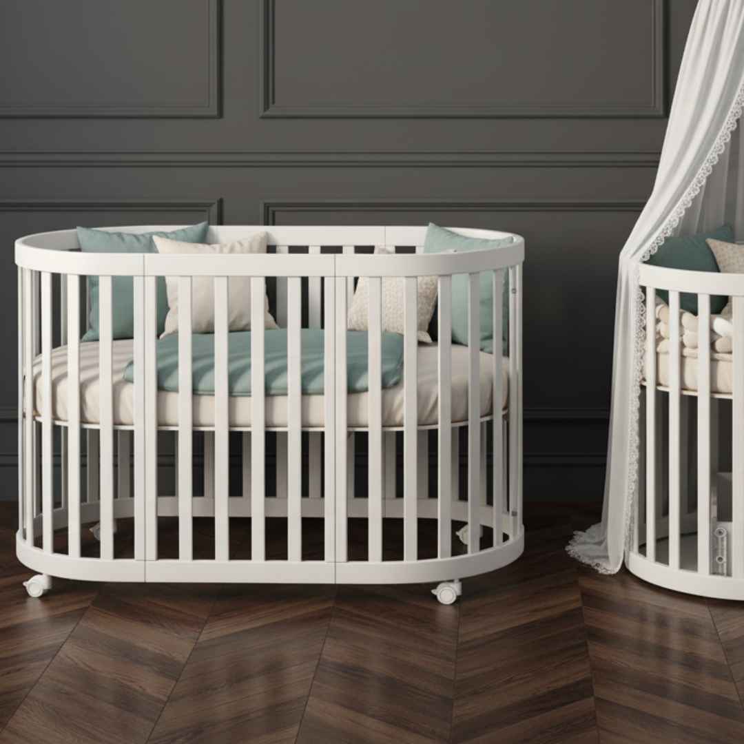 Oválná rostoucí dětská postýlka Mikko Gekko Kids 140x70. Maximální komplet s matrací. Bílá.